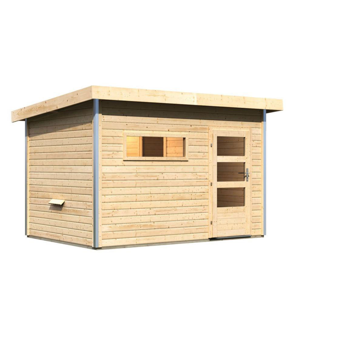 Karibu Saunahaus Skrollan 38 mm ohne Ofen Milchglastür