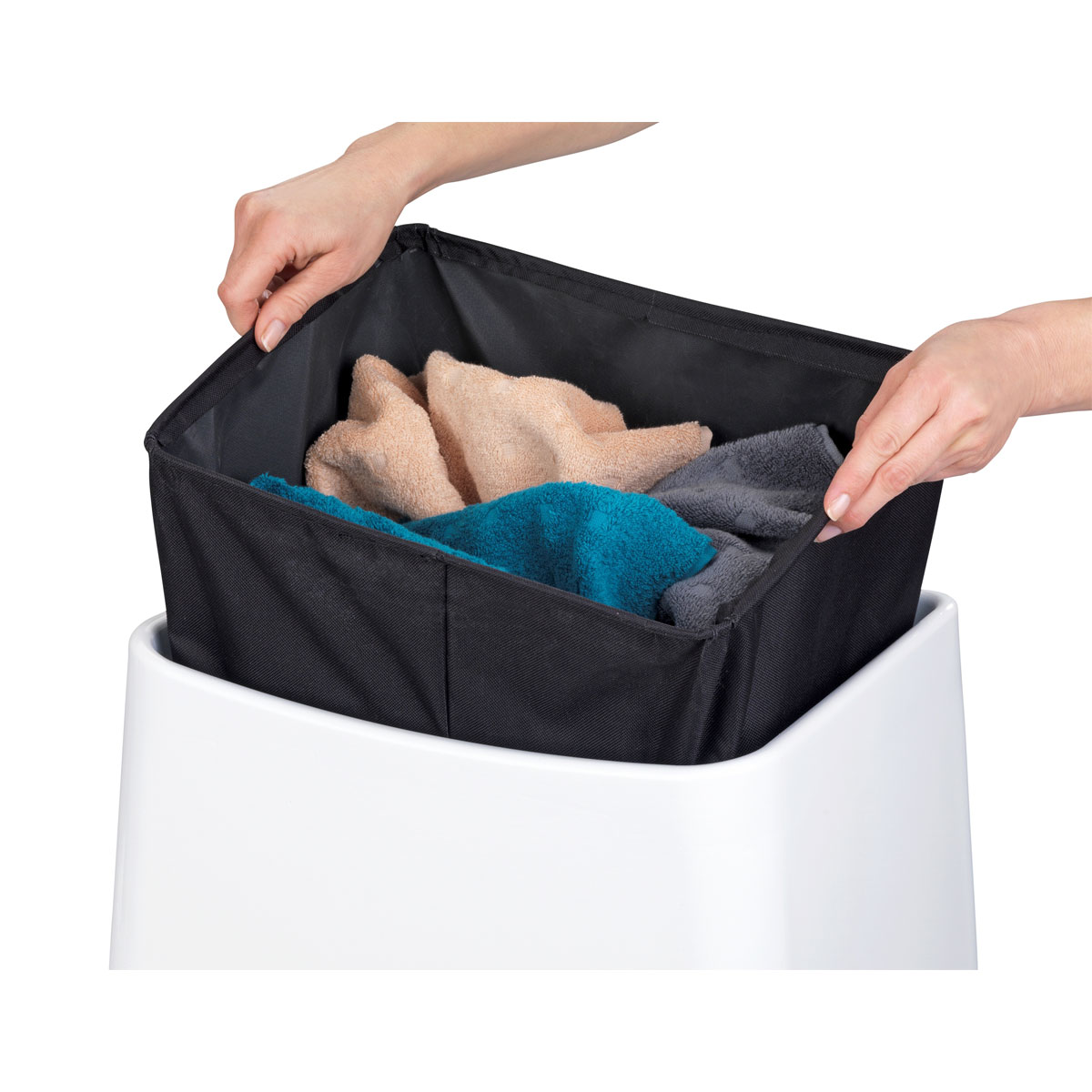 Wenko  2in1 Hocker Wing Weiß Badhocker mit herausnehmbarem Wäschesack Bild 6