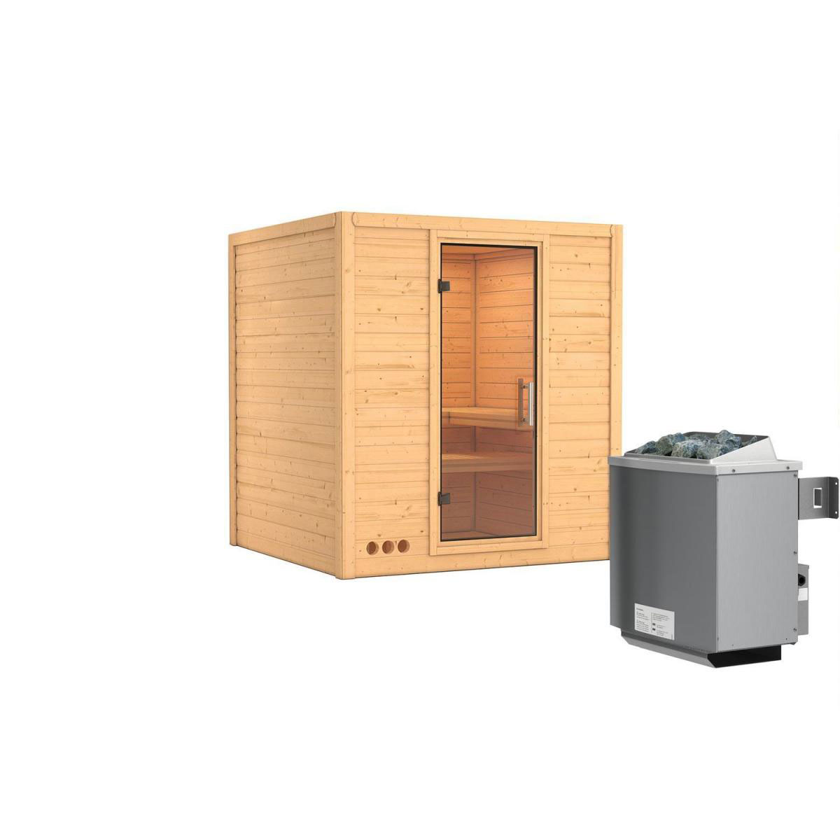 Karibu Sauna Mojave Fronteinstieg 9 kW Ofen integr Strg kein Kranz Klarglas-Tür
