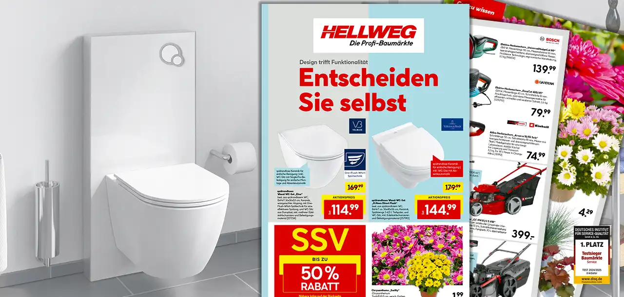 rotes HELLWEG-Prospekt der Woche mit Fokus auf Sanitär