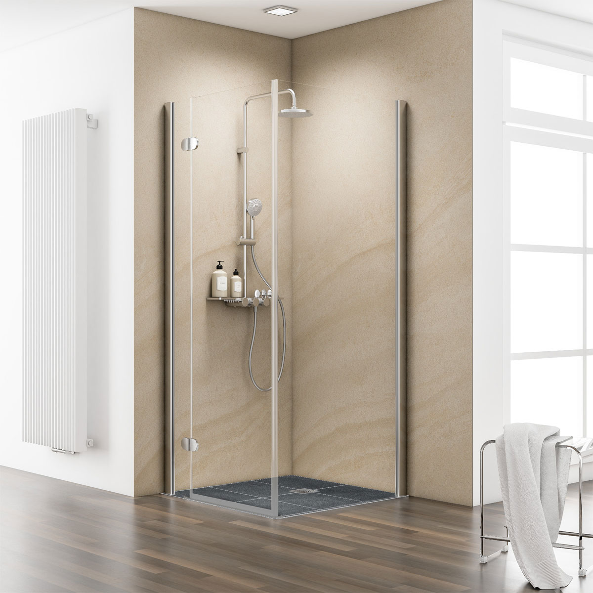 Schulte Drehtür MasterClass inkl Seitenwand Montage auf Fliesen links Bild 1