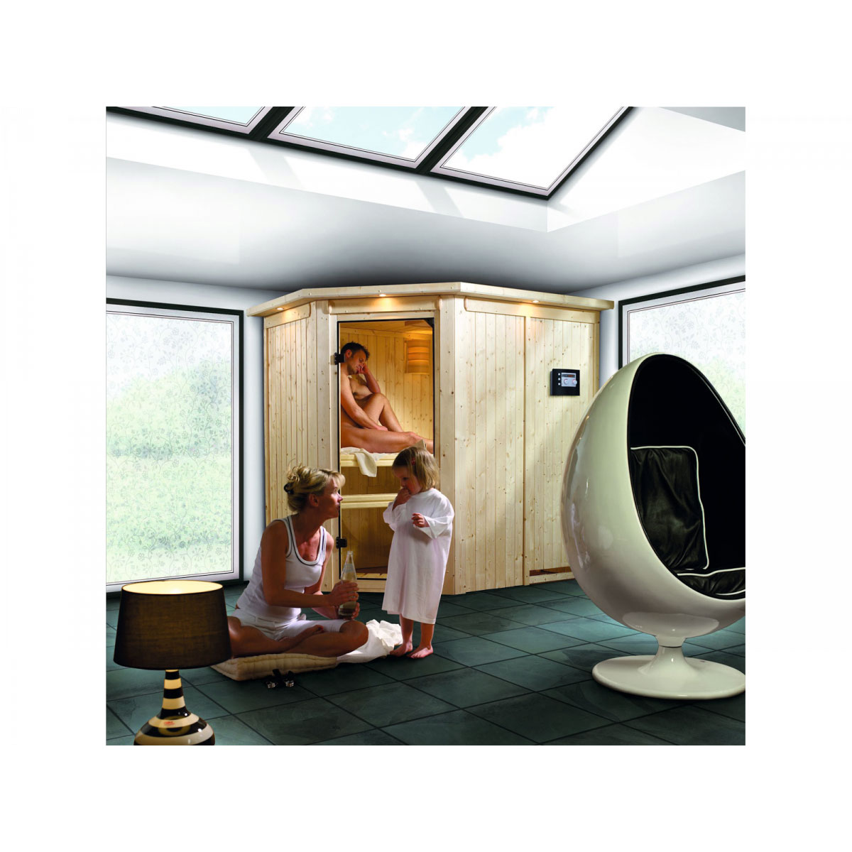 Karibu Systemsauna Saja 68 mm 3,6 kW Ofen Bio externe Strg mit Kranz