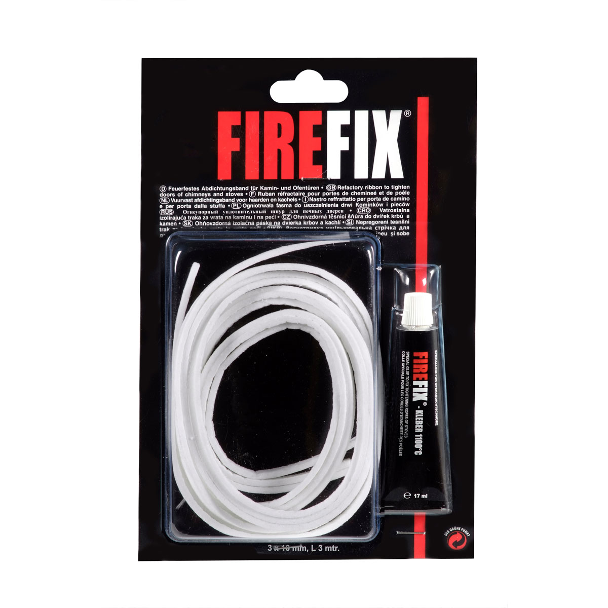 FIREFIX Abdichtungsflachband für Kaminscheibe 3 m inkl Kleber 17 ml