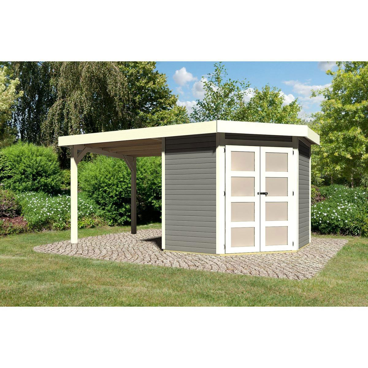 Karibu Gartenhaus Goldendorf 3/5 mit Anbaudach 220 cm 242 x 238 x 218 cm grau Bild 1