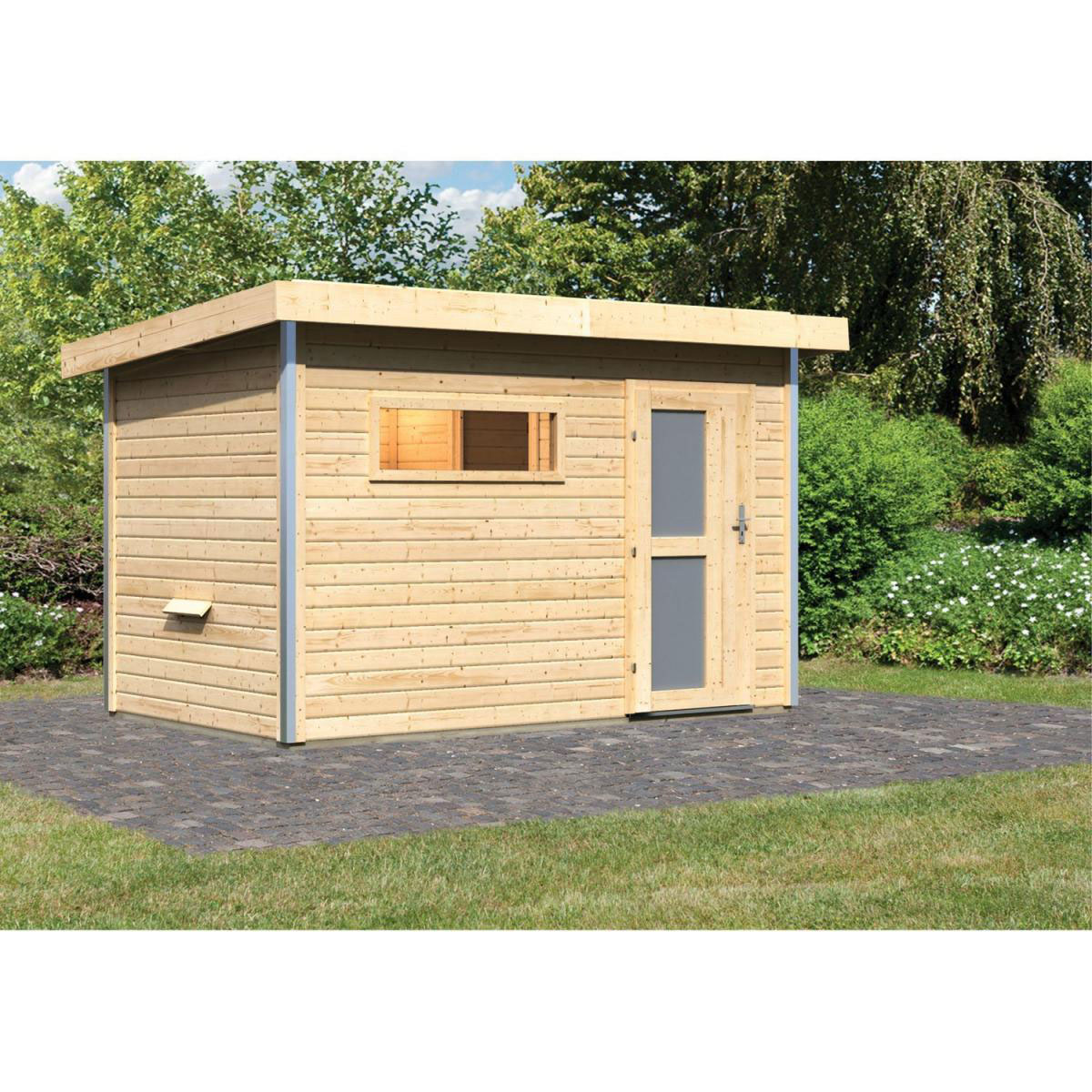 Karibu Saunahaus Skrollan 1 38 mm ohne Ofen Milchglastür Bild 4