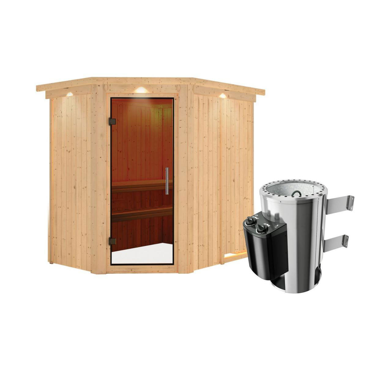 Karibu Sauna Saja Eckeinstieg 3,6 kW Ofen integr Strg mit Kranz graphitfarbene Glastür Bild 1