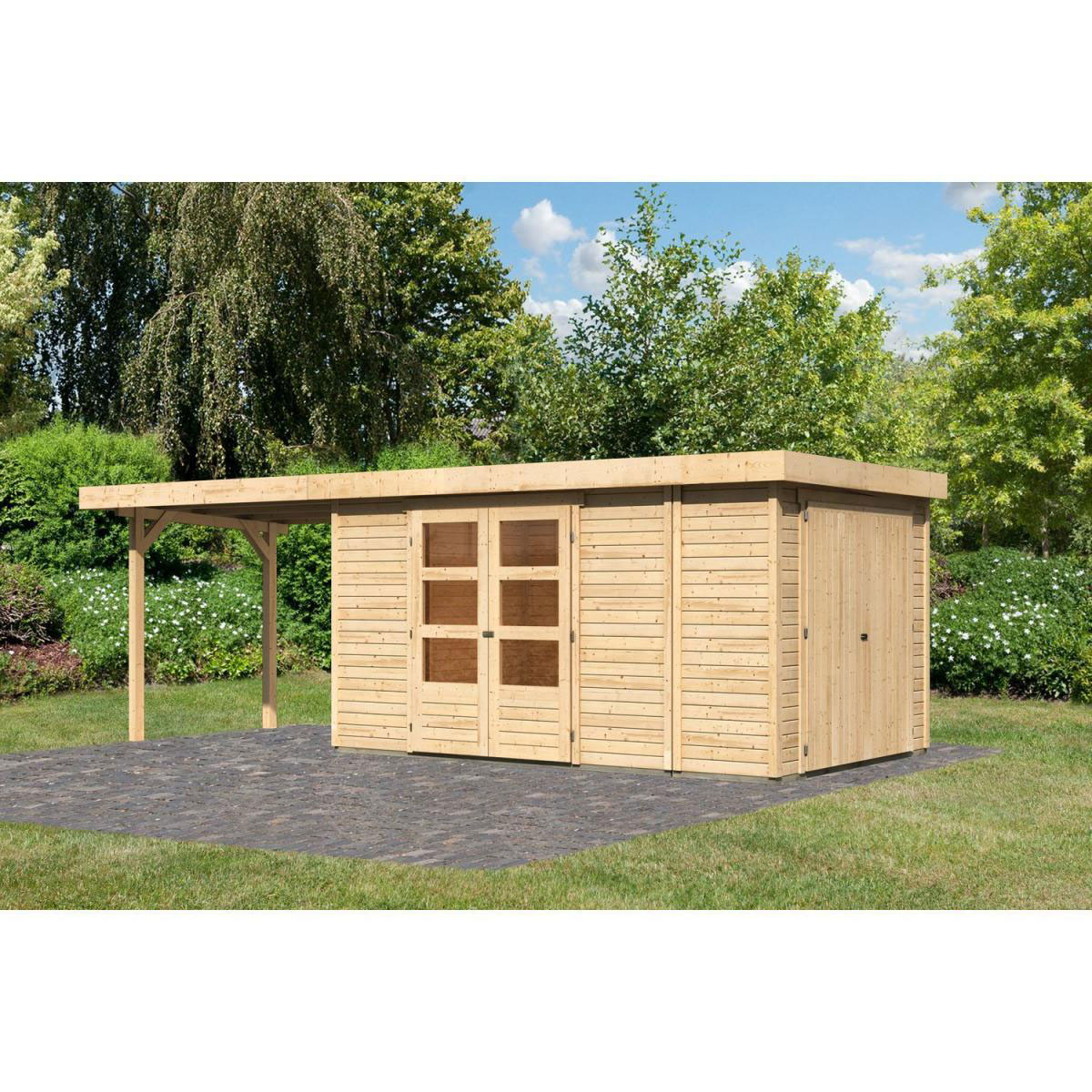 Karibu Gartenhaus Retola 6 inkl Anbauschrank und Anbaudach 2,80 Meter naturbelassen