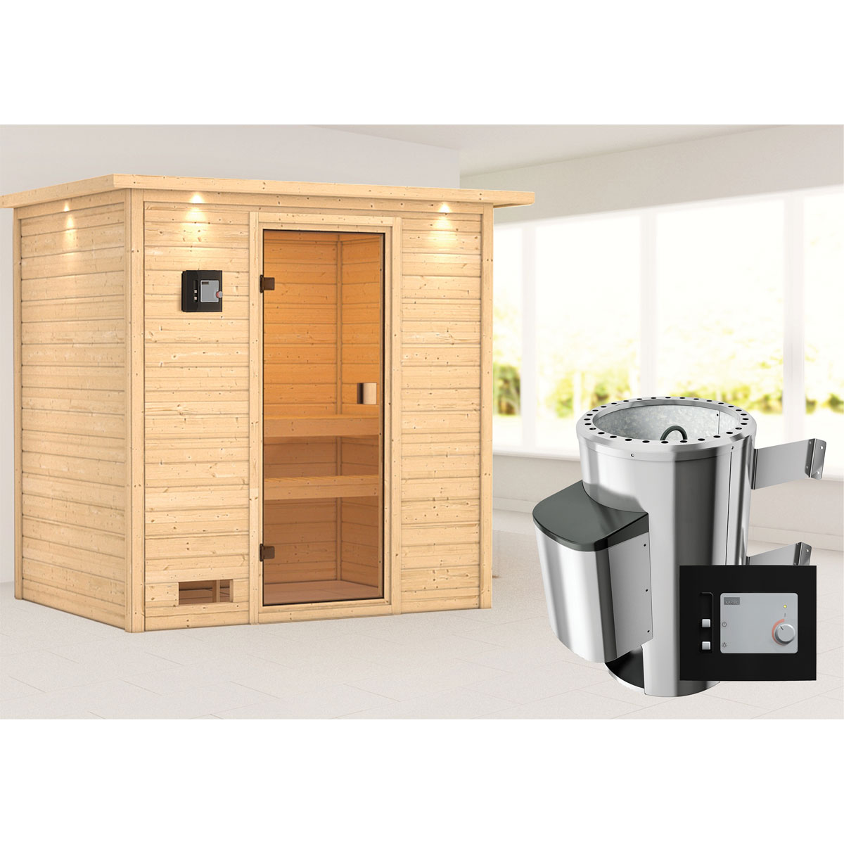 Karibu Sauna Selena 3,6 kW mit Kranz naturbelassen externe Steuerung
