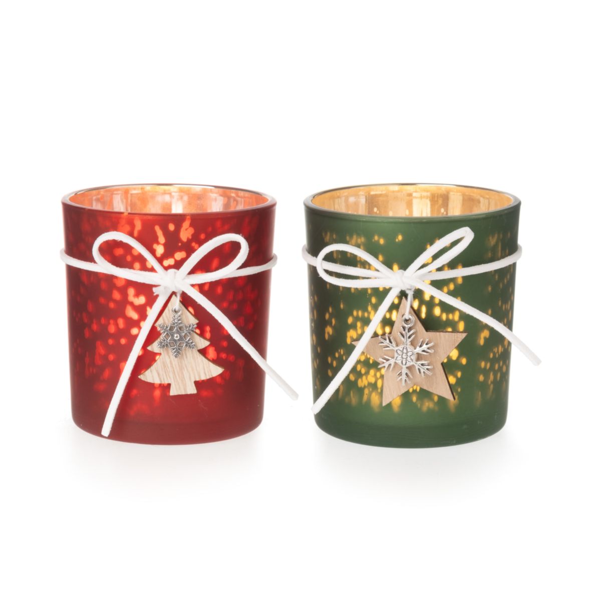 Teelichtglas mit Schleife 2er-Set 7,5-8cm rot grün