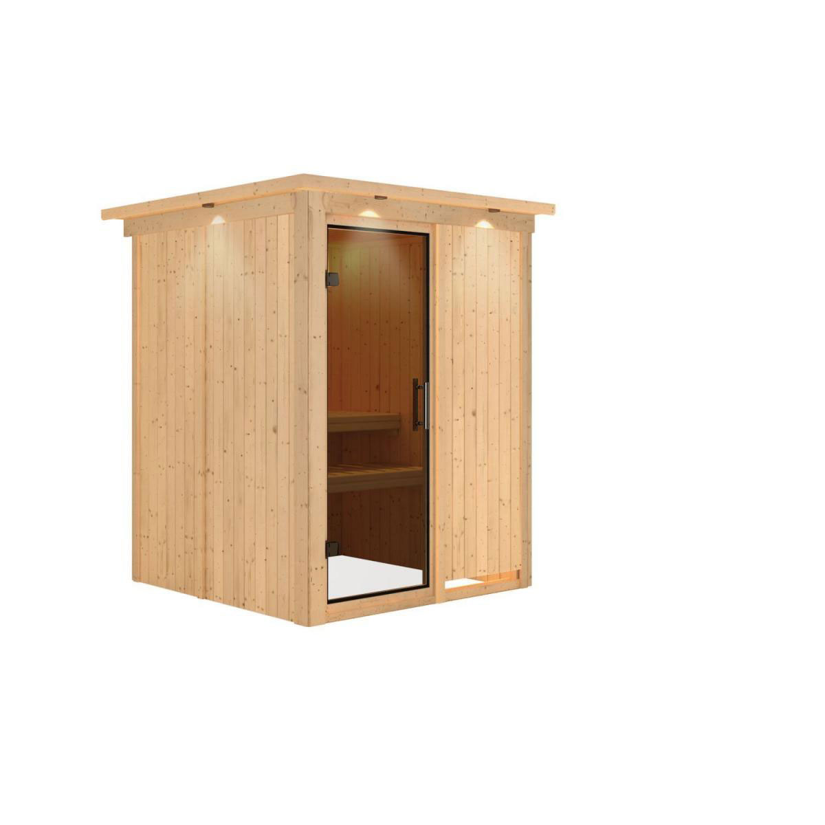 Karibu Sauna Minja Fronteinstieg ohne Ofen mit Kranz graphitfarbene Glastür