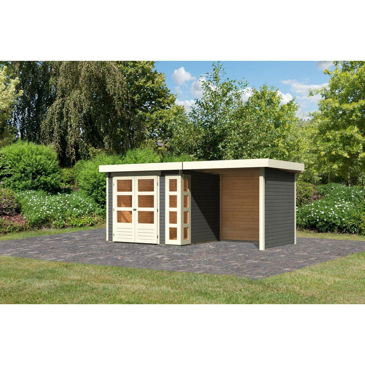 Karibu Gartenhaus-Set Kerko 3 mit Anbaudach 2,4 m mit Seiten- und Rückwand terragrau