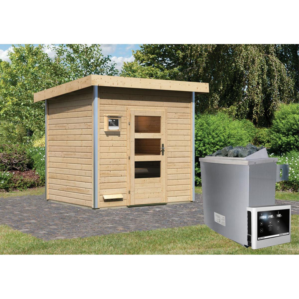 Karibu Saunahaus Norge 38 mm 9 kW Ofen externe Strg moderne Tür Bild 6