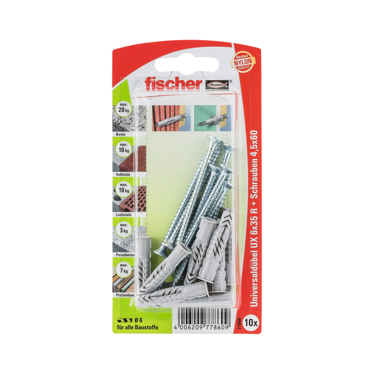 Fischer  Universaldübel UX 6 x 35 mm mit Rand und Schraube 10 Stück Fischer  Universaldübel UX 6 x 35 mm mit Rand und Schraube 10 Stück