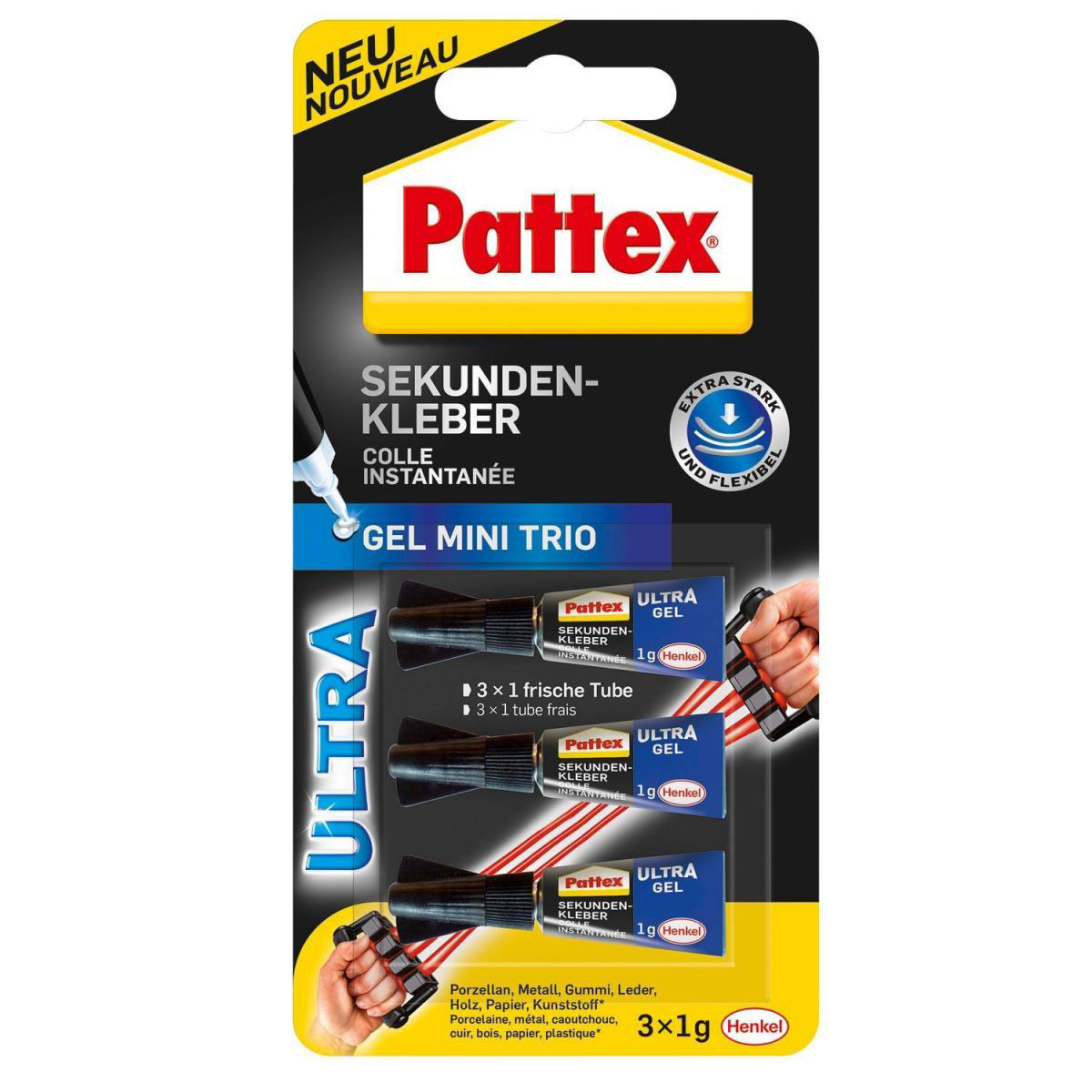 Sekundenkleber „Pattex Ultra Gel Mini Trio“, 3 x 1 g