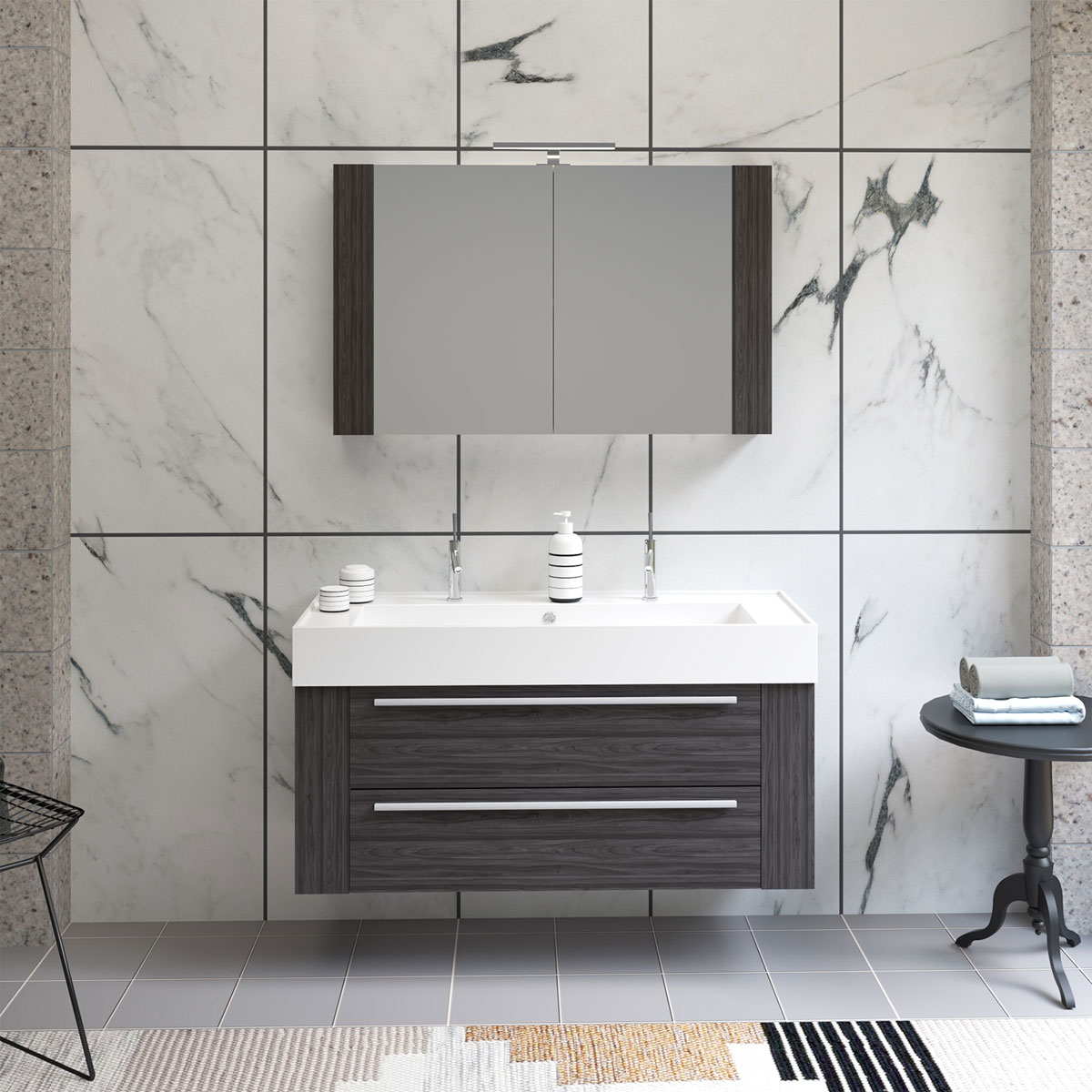 Progetto Idea Stella Badmöbel DOMUS 120 Ulme onyx mit Spiegelschrank und Lampe Bild 3