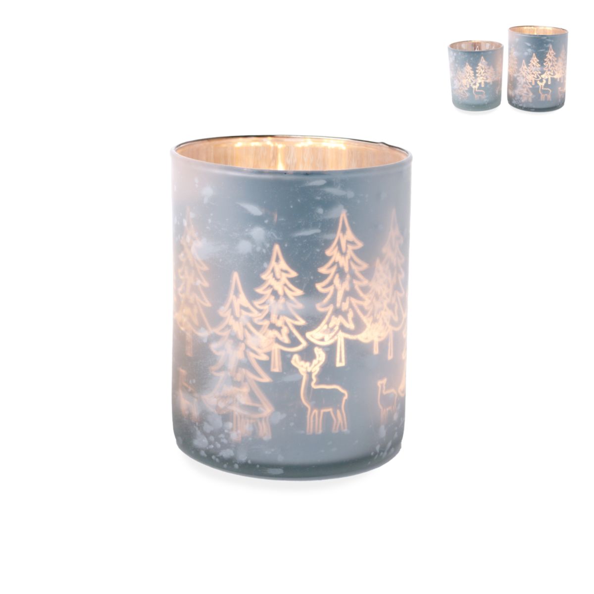 Teelichtglas Wald 6x10cm Glas weiss silber