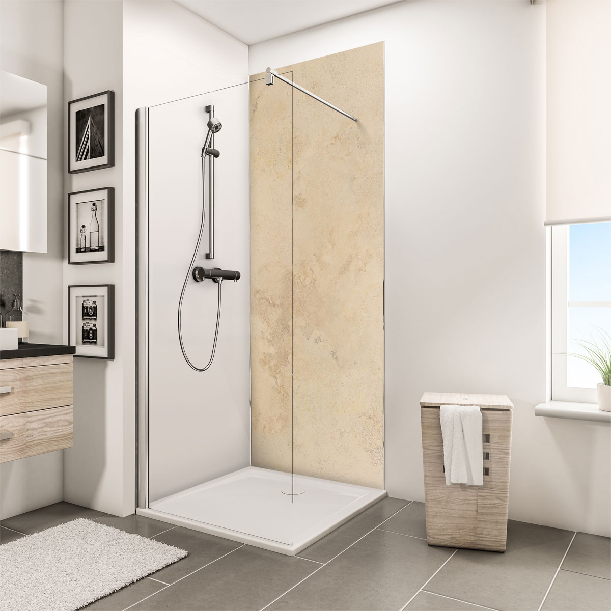 Schulte ExpressPlus Duschrueckwand DecoDesign Dekor Stein Kalkstein hell 2100 x 1000 Bild 1