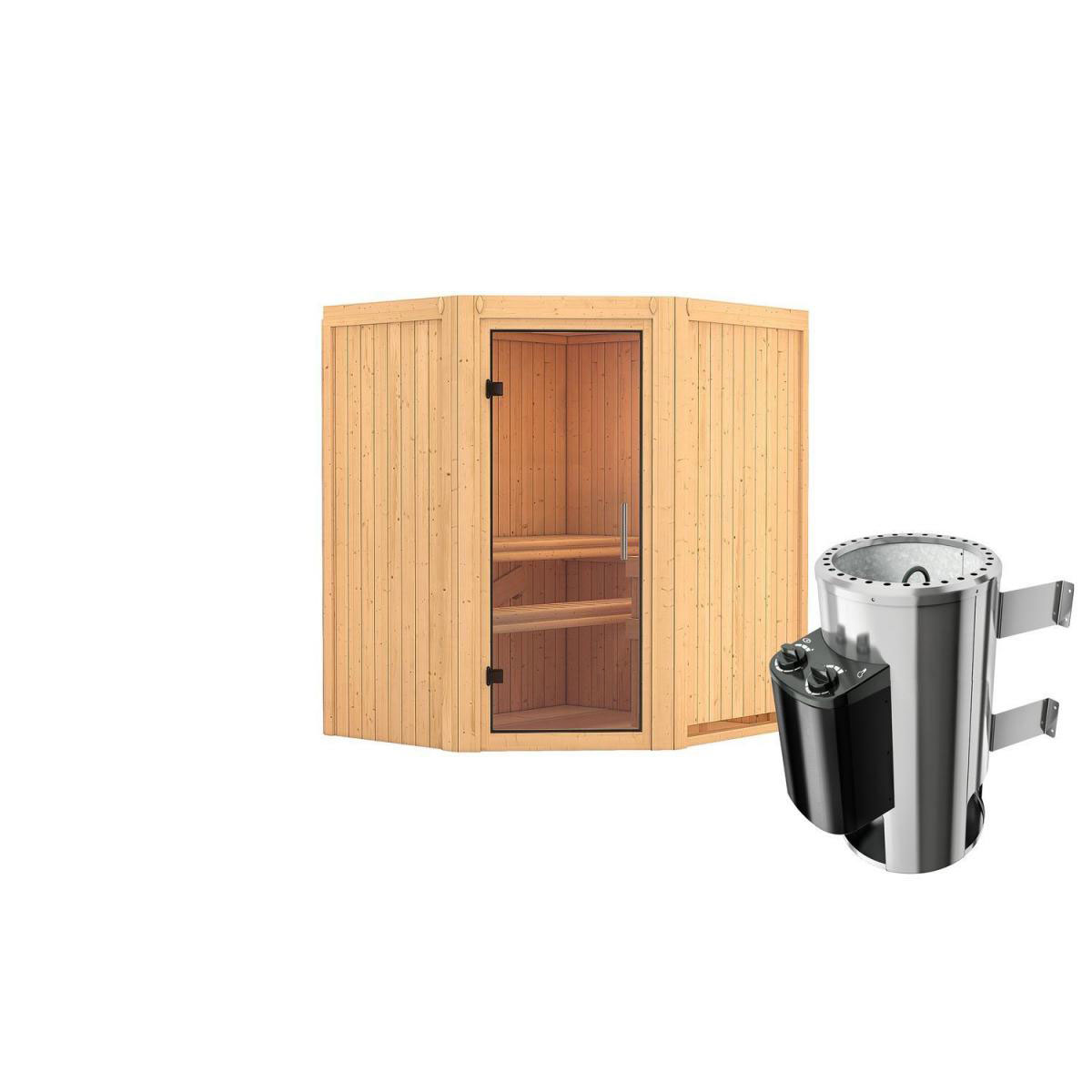 Karibu Sauna Tonja Eckeinstieg 3,6 kW Ofen integr Strg kein Kranz Klarglas-Tür Bild 1
