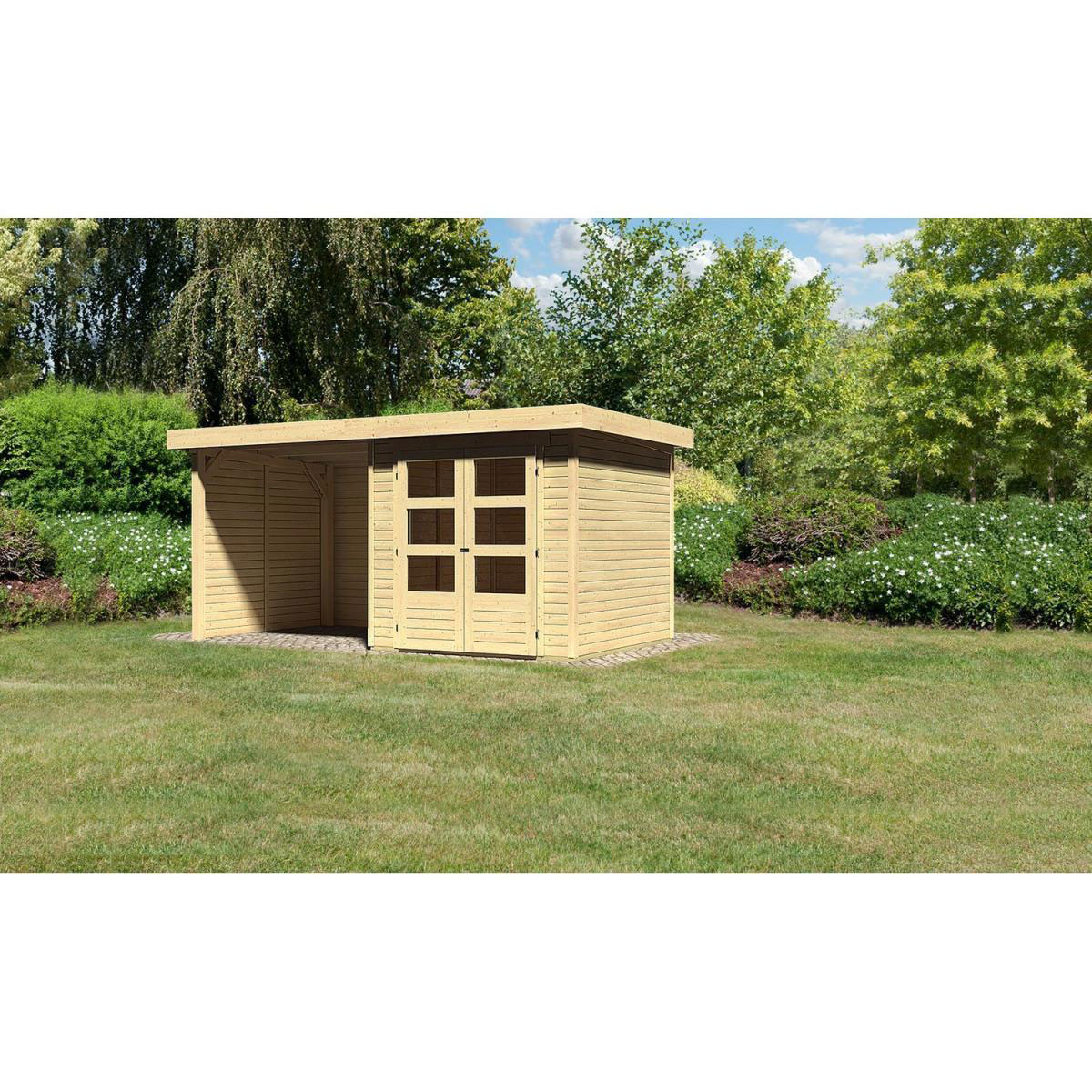 Karibu Gartenhaus Askola mit Anbaudach 225 cm und Seiten-/Rückwand naturbelassen 213 x 217 x 211 cm