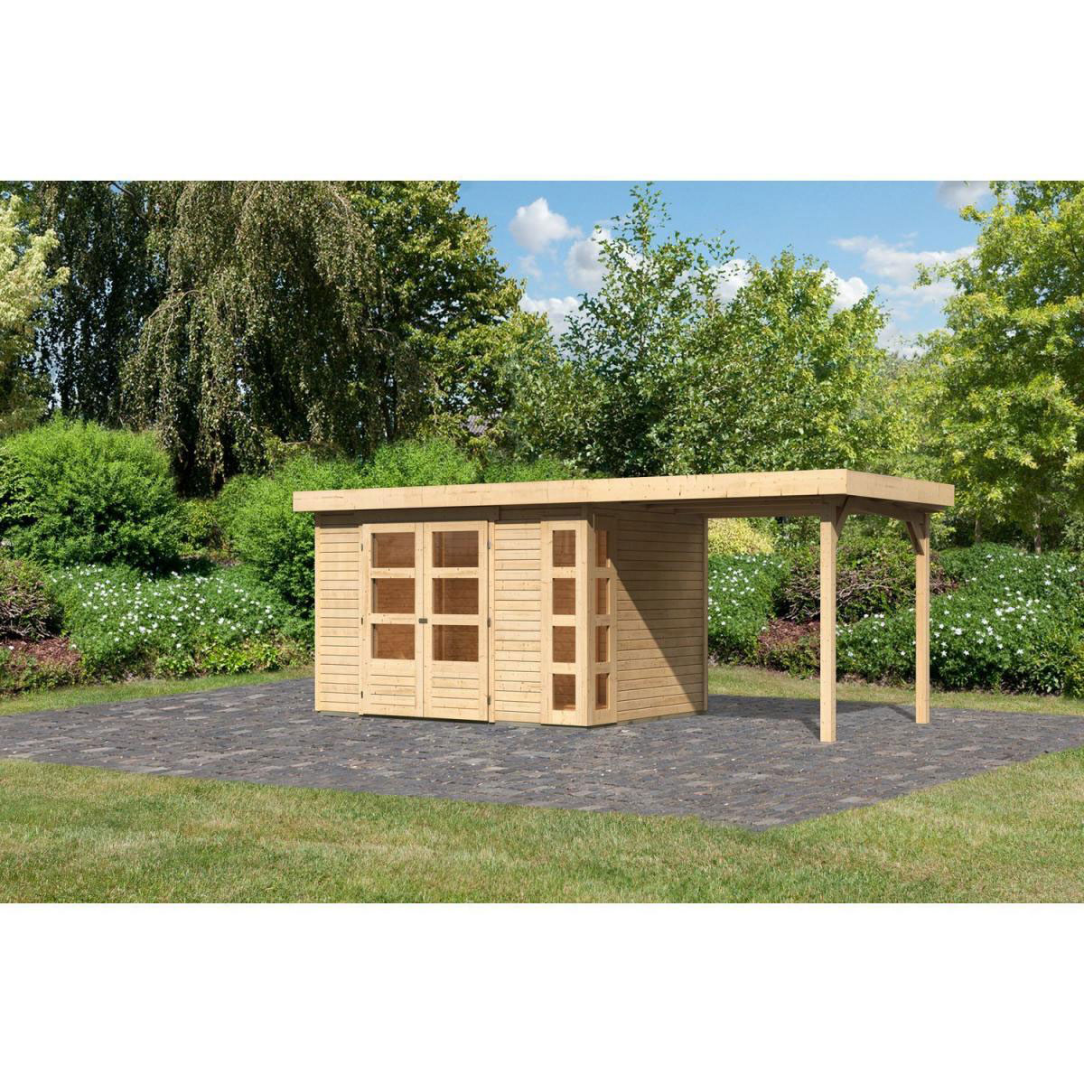 Karibu Gartenhaus-Set Kerko 4 mit Anbaudach 2,4 m naturbelassen Bild 1
