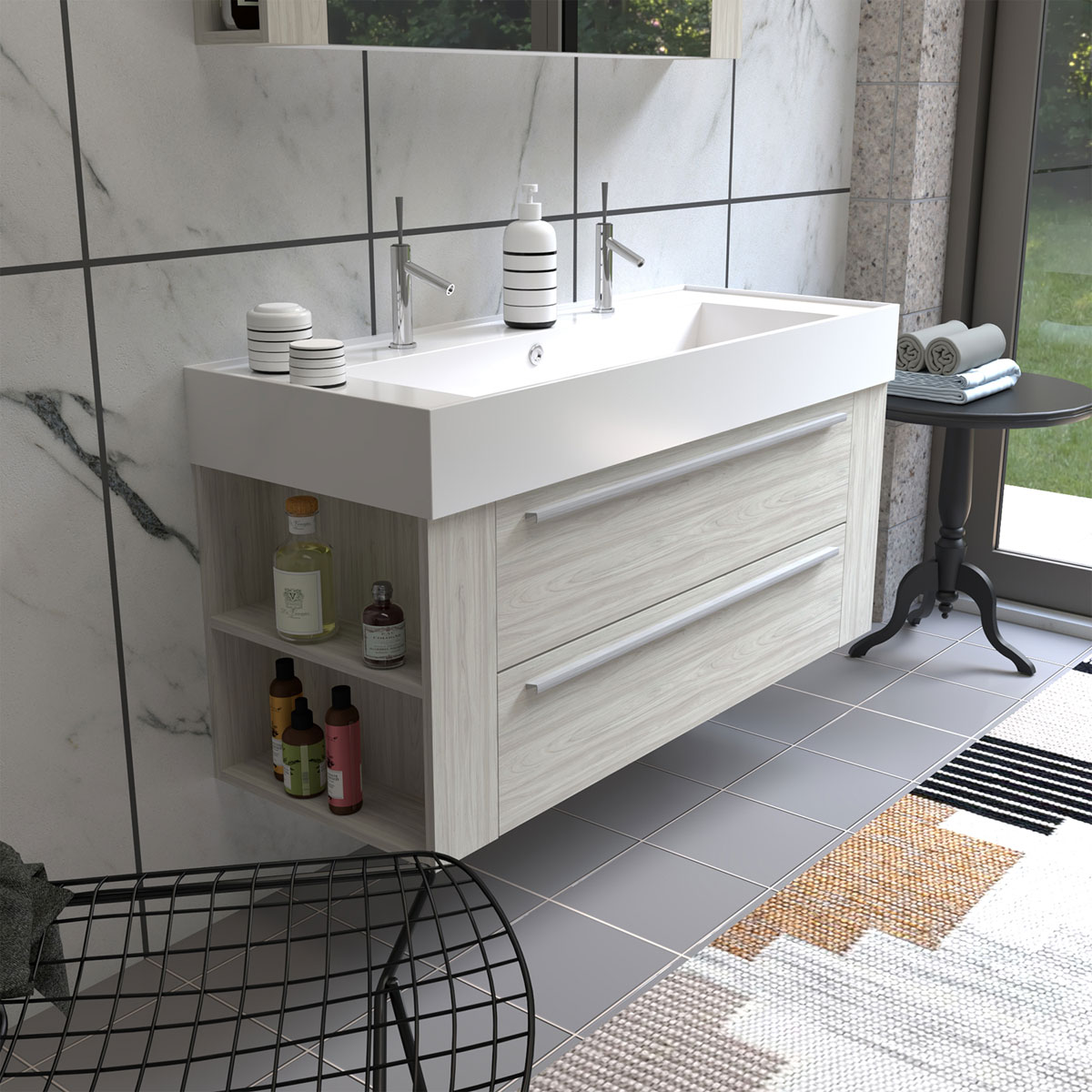 Progetto Idea Stella Badmöbel DOMUS 120 Ulme creme mit Spiegelschrank und Lampe Bild 4