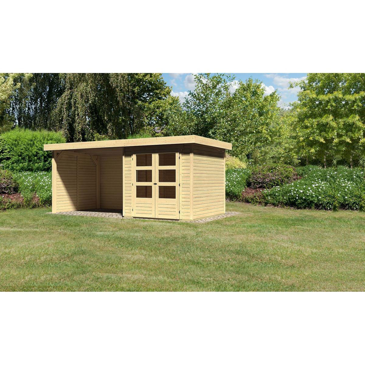 Karibu Gartenhaus Askola mit Anbaudach 265 cm und Seiten-/Rückwand naturbelassen 213 x 217 x 218 cm