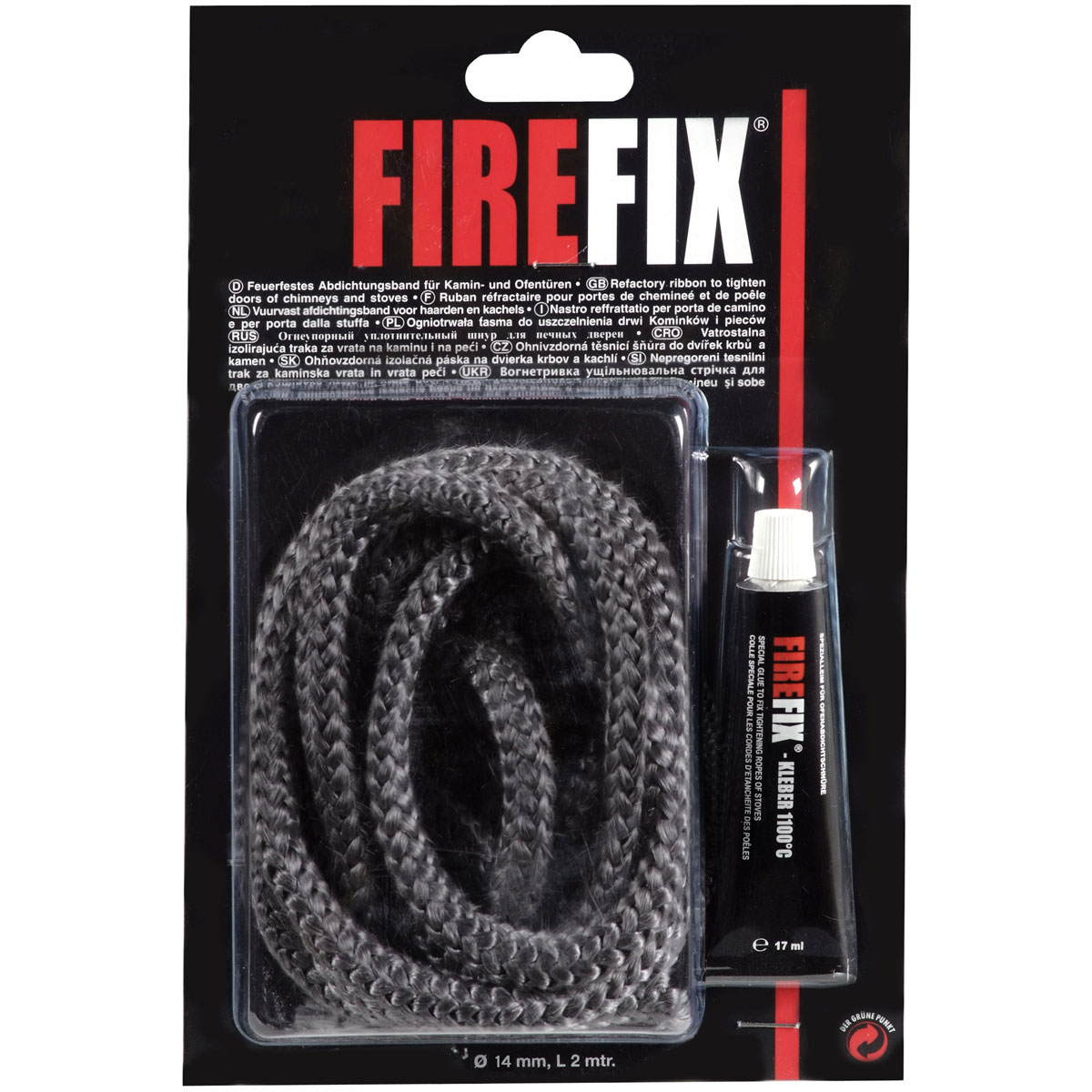 FIREFIX Dichtung-Set für Kaminscheiben Kordel 2 m Durchmesser 14 mm