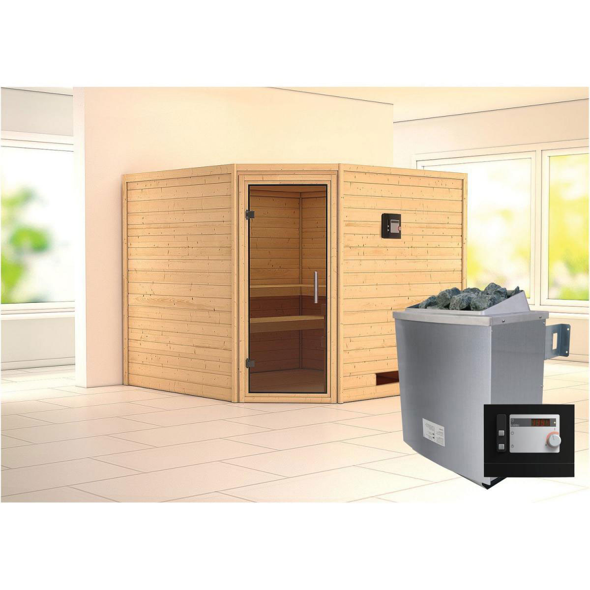 Karibu Sauna Leona Eckeinstieg 9 kW Ofen externe Strg kein Kranz graphitfarbene Tür Bild 6