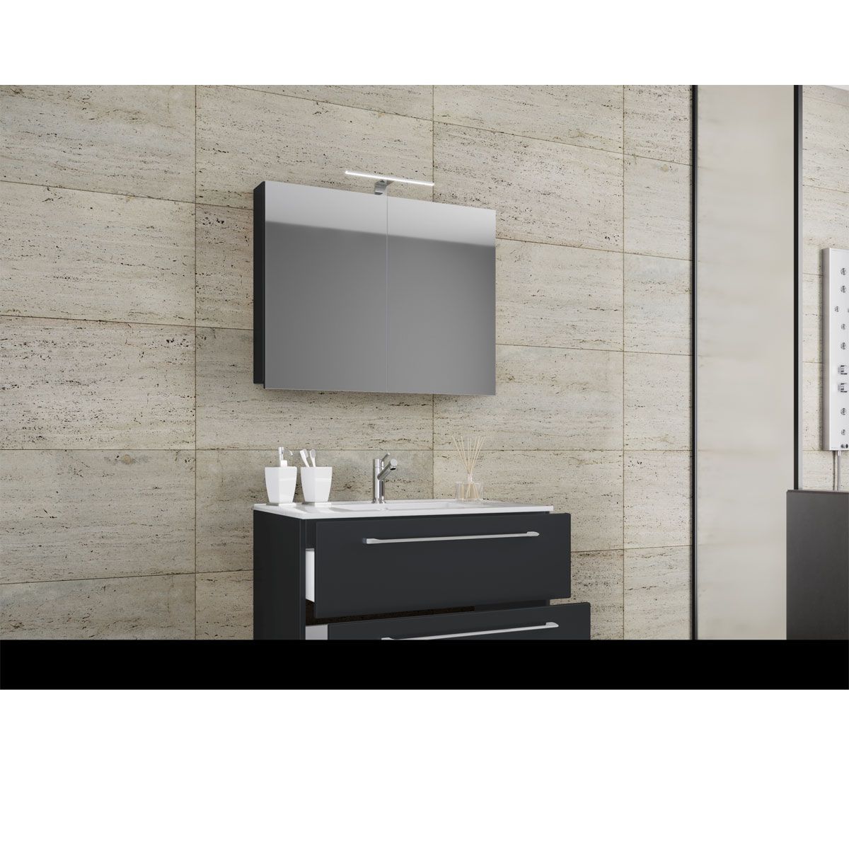 Waschplatz 80 cm 3-teilig 2 Schubfächer mit Spiegelschrank schwarz Bild 3