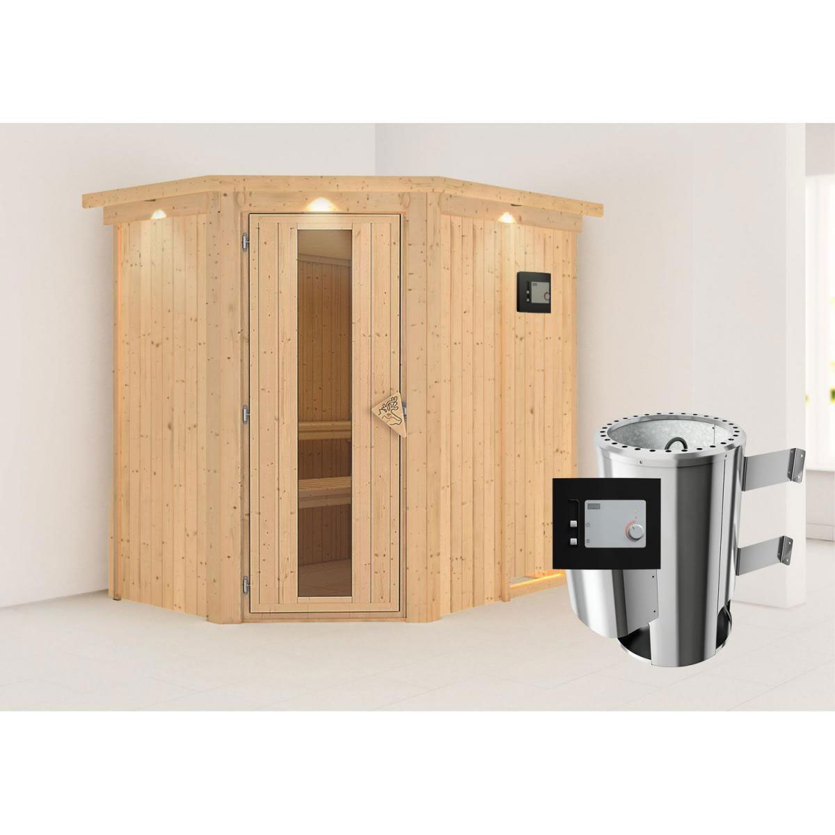 Karibu Sauna Saja Eckeinstieg 3,6 kW Ofen externe Strg mit Kranz Energiespartür Bild 8