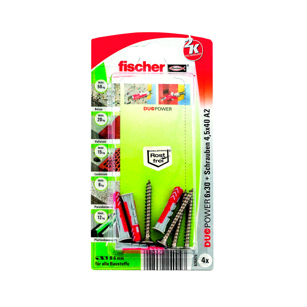 Fischer  Dübel DuoPower 6 x 30 S Schraube nicht rostender Stahl A2 4 Stück Bild 1