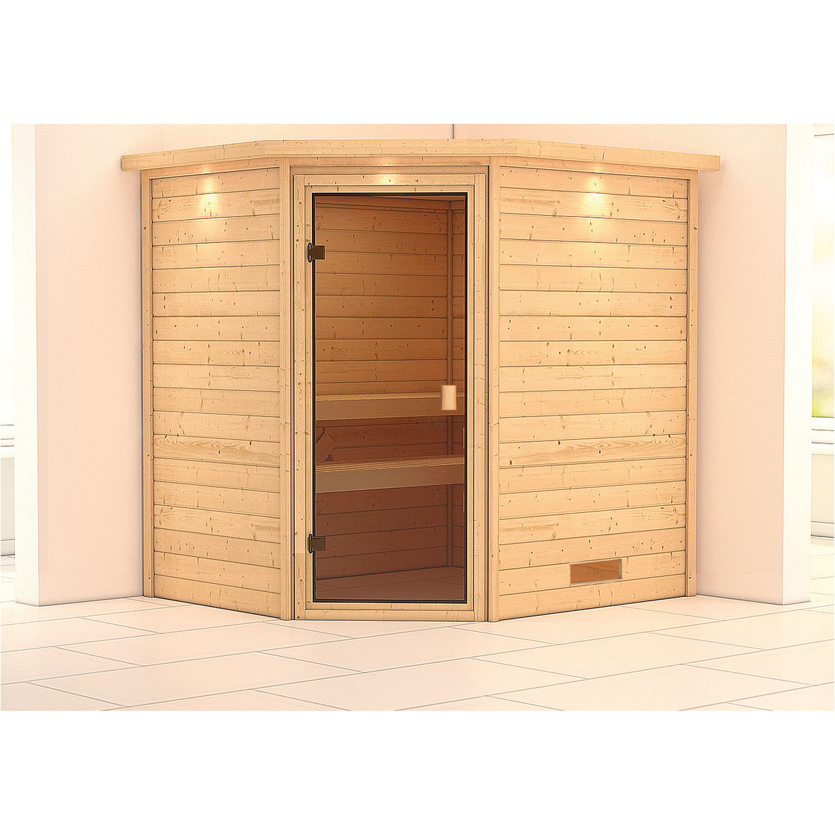 Karibu Sauna Elea mit Kranz naturbelassen ohne Ofen