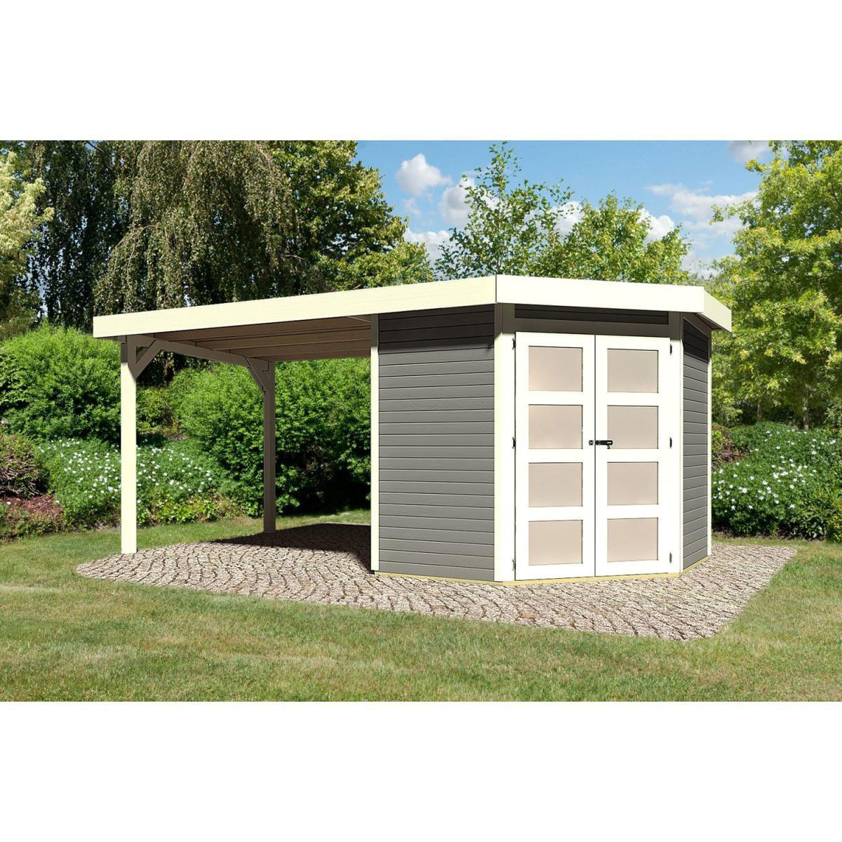 Karibu Gartenhaus Goldendorf 3/5 mit Anbaudach 260 cm 213 x 217 x 218 cm grau