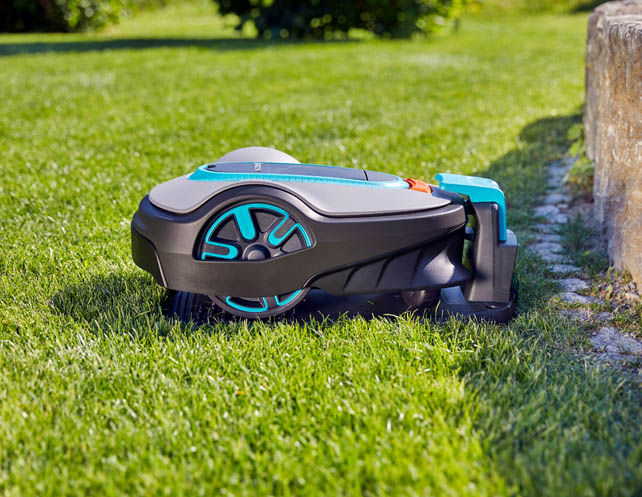 Mähroboter beim Rasenmähen im Garten