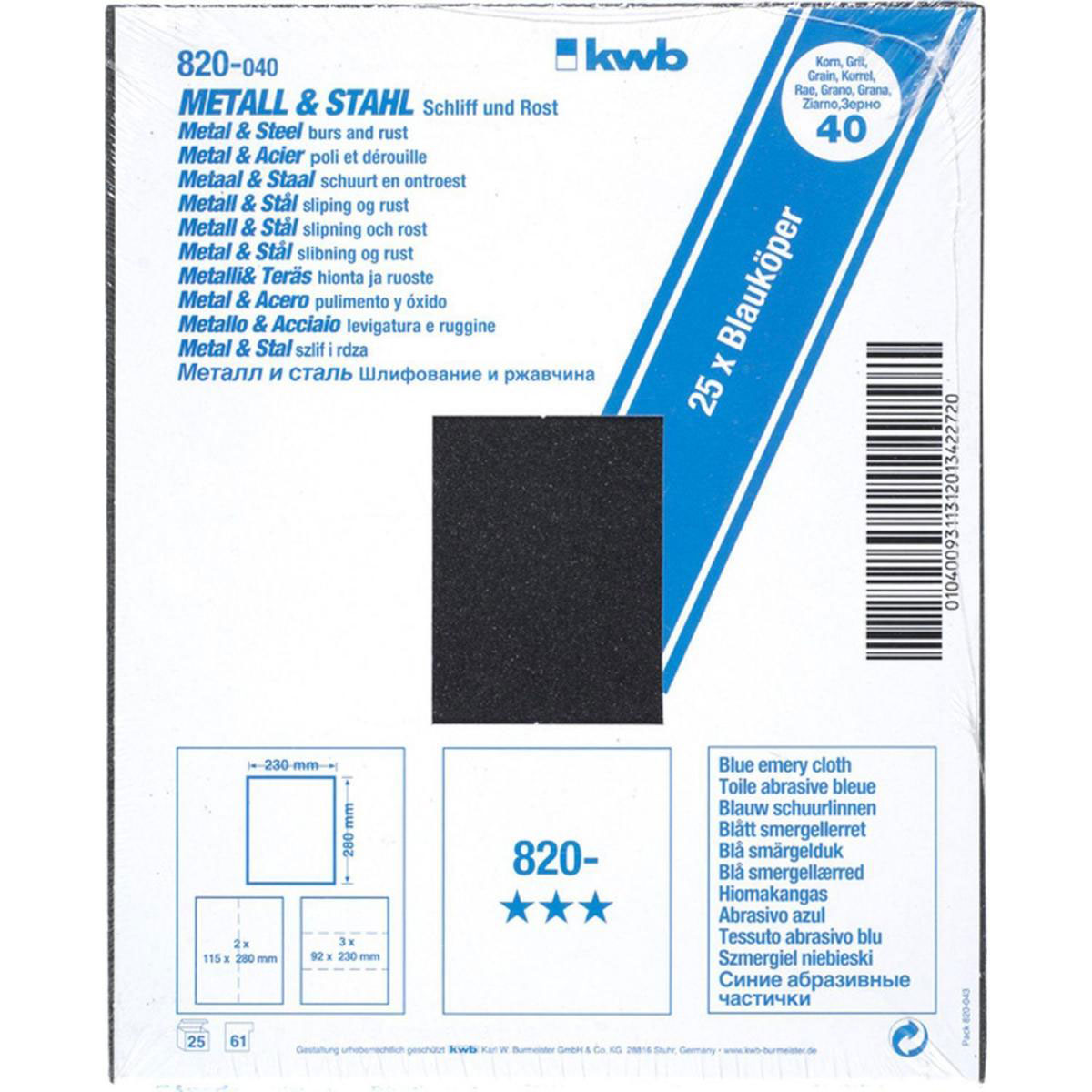 kwb  Schleifgewebe Metall und Stahl Blauköper 230 x 280 mm K40 Bild 2