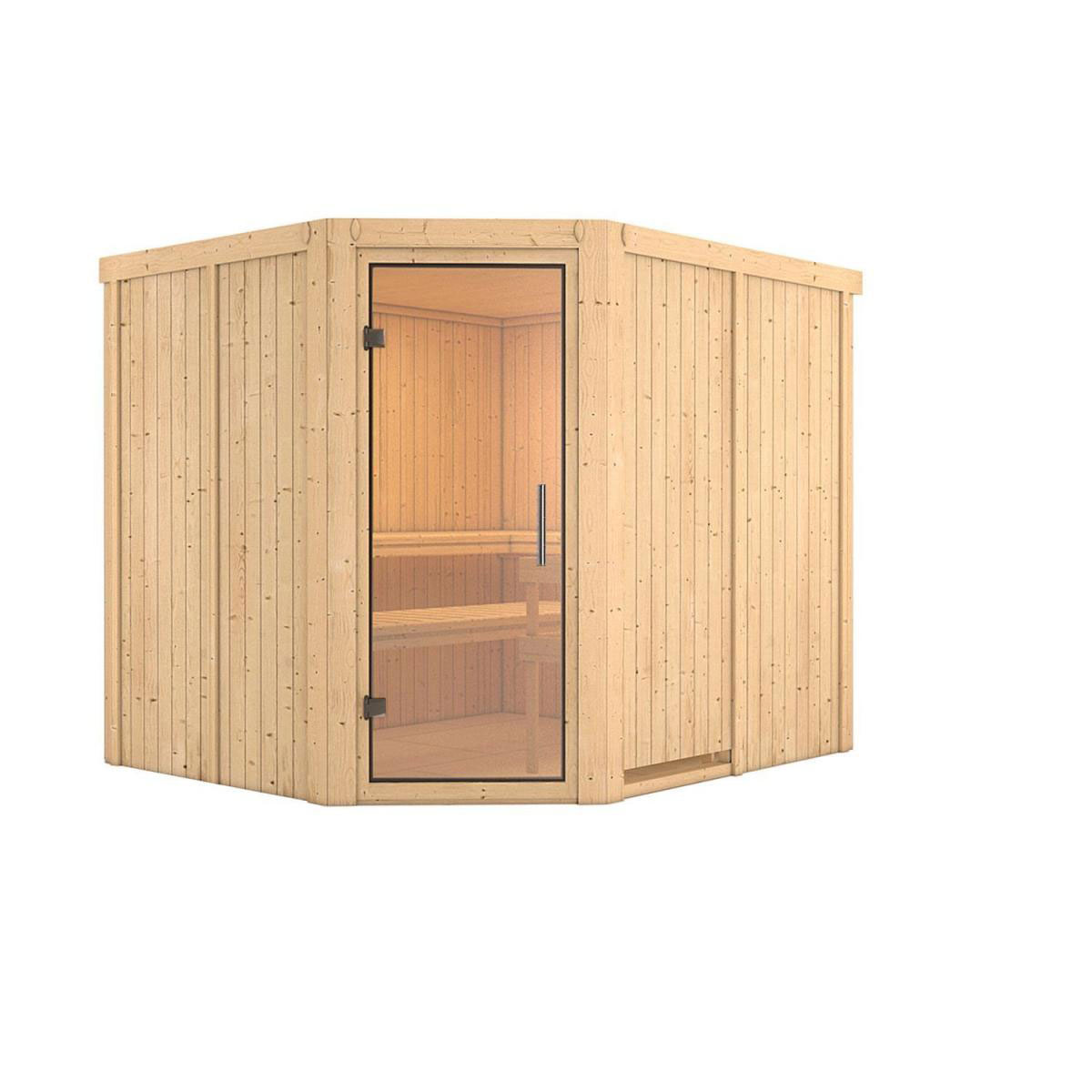 Karibu Sauna Malin Eckeinstieg ohne Ofen kein Kranz Klarglas-Tür Bild 1