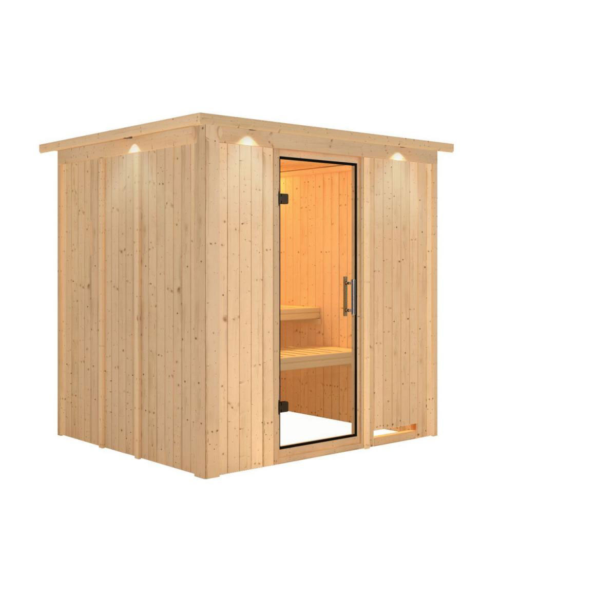 Karibu Sauna Sodin Fronteinstieg ohne Ofen mit Kranz Klarglas-Tür