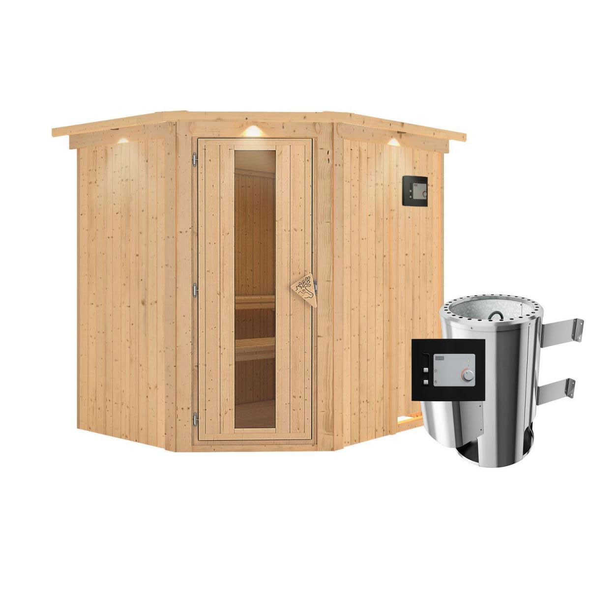 Karibu Sauna Lilja Eckeinstieg 3,6 kW Ofen externe Strg mit Kranz Energiespartür