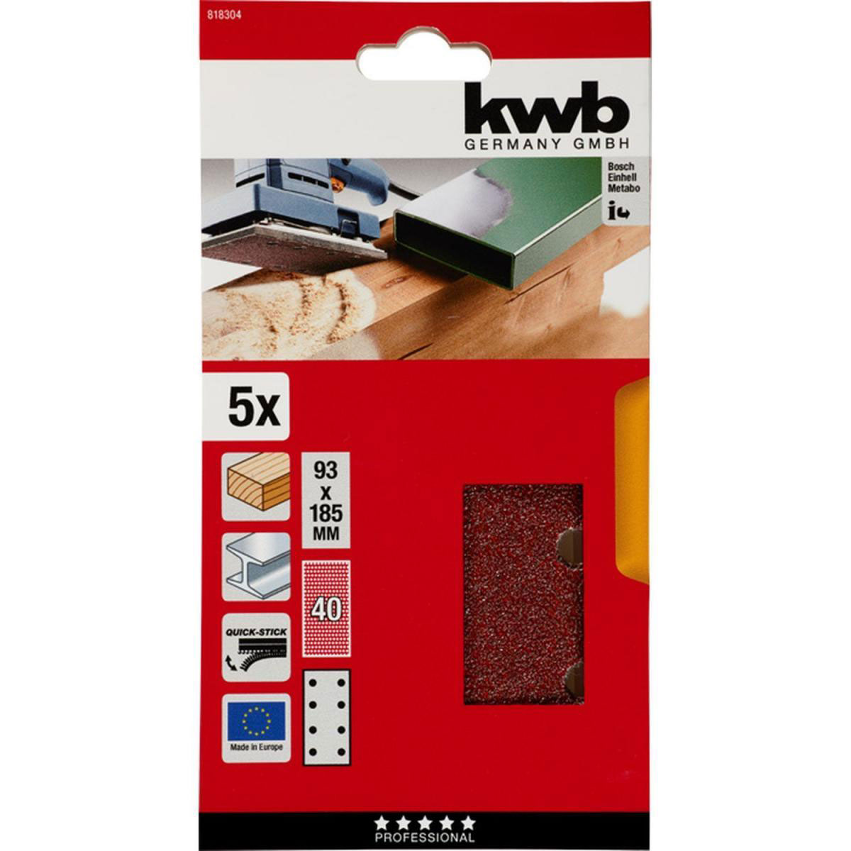 kwb  Schleifstreifen Quick-Stick Holz und Metall 93 x 185 mm K40 Bild 2