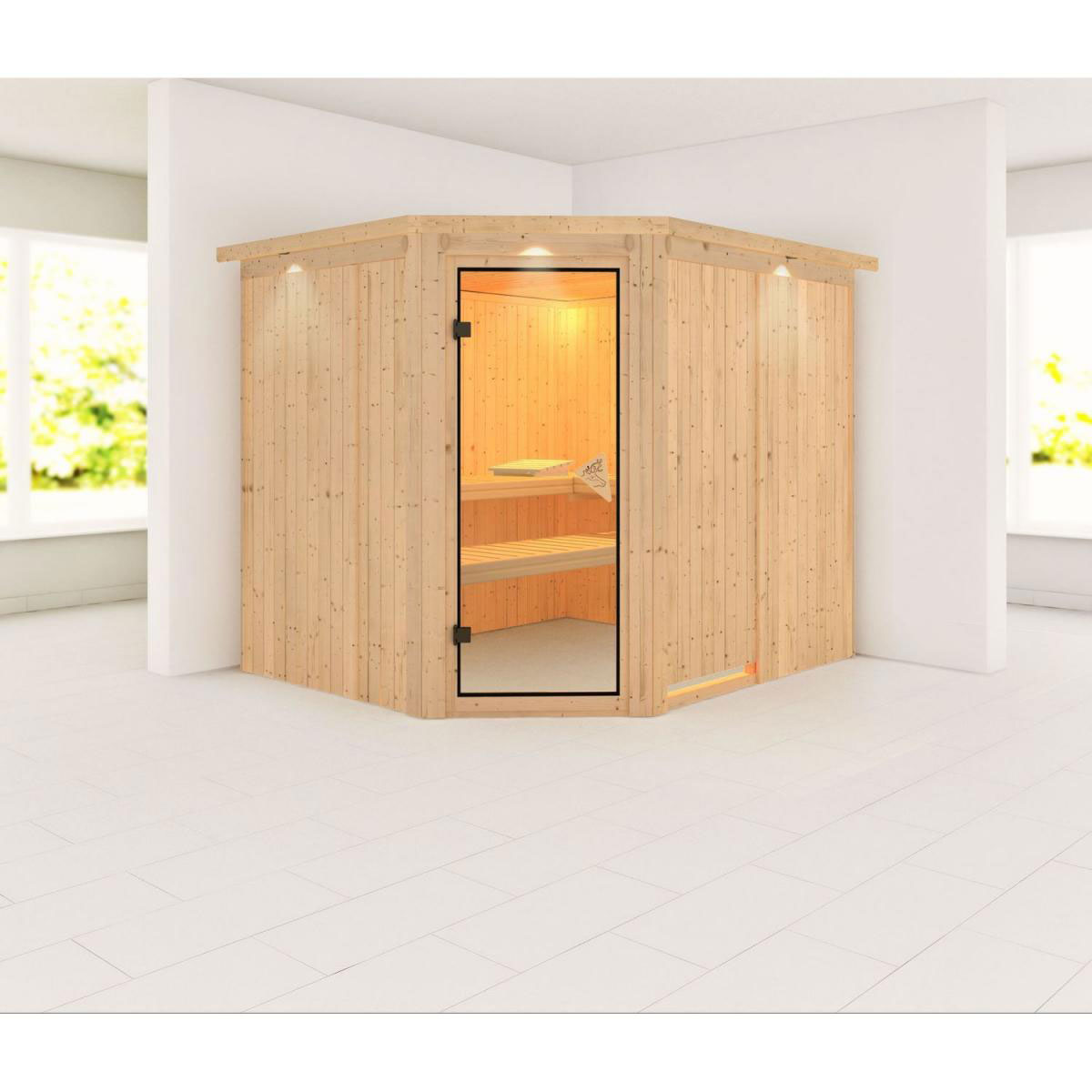 Karibu Systemsauna Malin 68 mm ohne Ofen inkl Dachkranz Bild 1