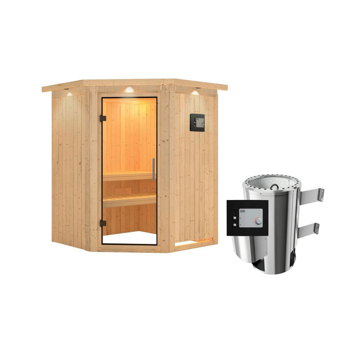 Karibu Sauna Nanja Eckeinstieg 3,6 kW Ofen externe Strg modern mit Kranz Klarglas-Tür Bild 1