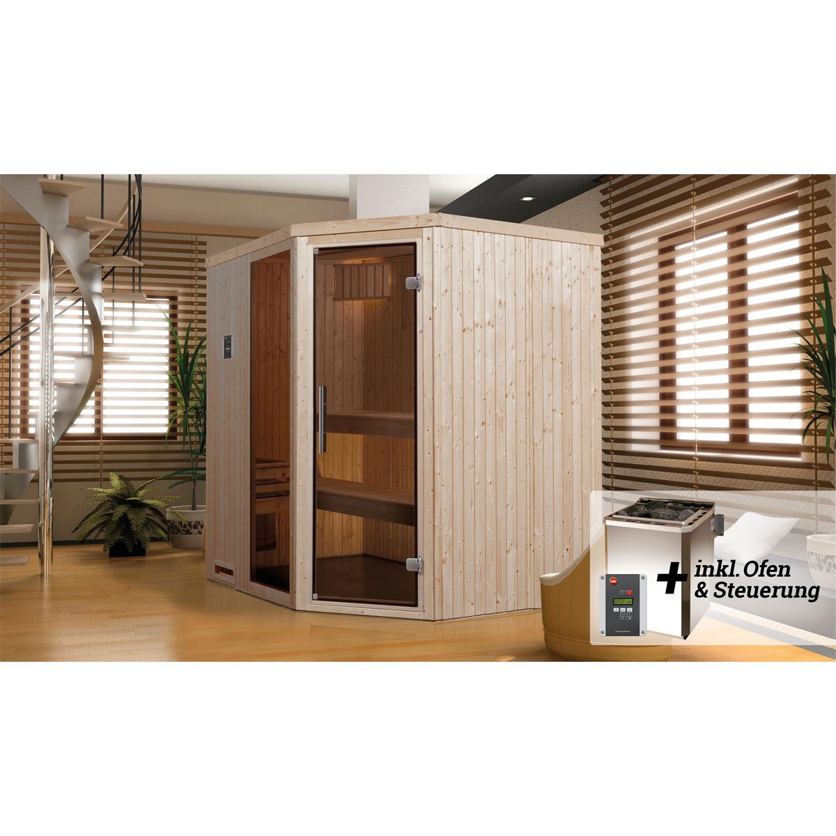 Weka  Elementsauna Varberg Eck Größe 2 Sparset 7,5 kW Bio S Glastuer Bild 2