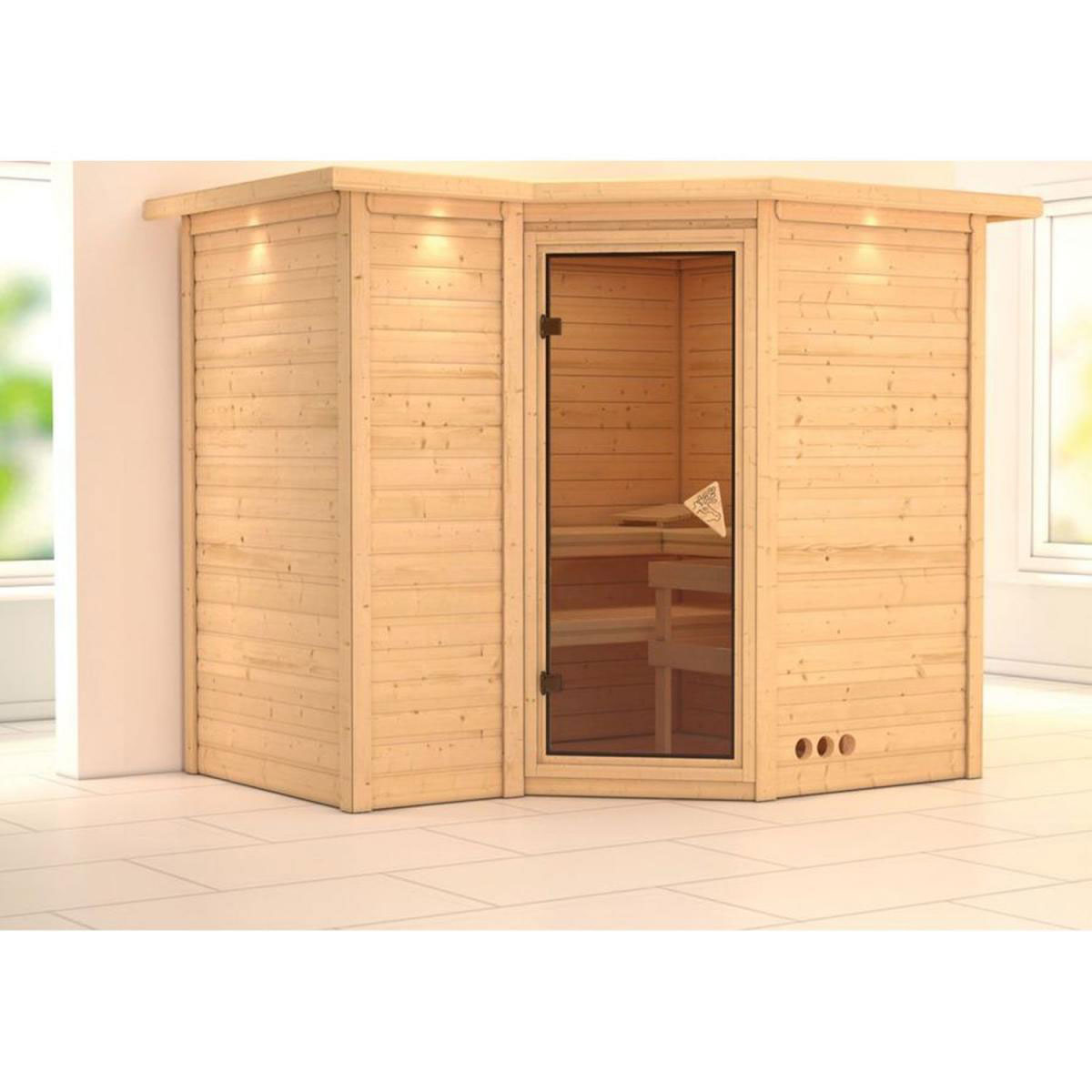 Karibu Massivholzsauna Sahib 2 40 mm ohne Ofen mit Dachkranz