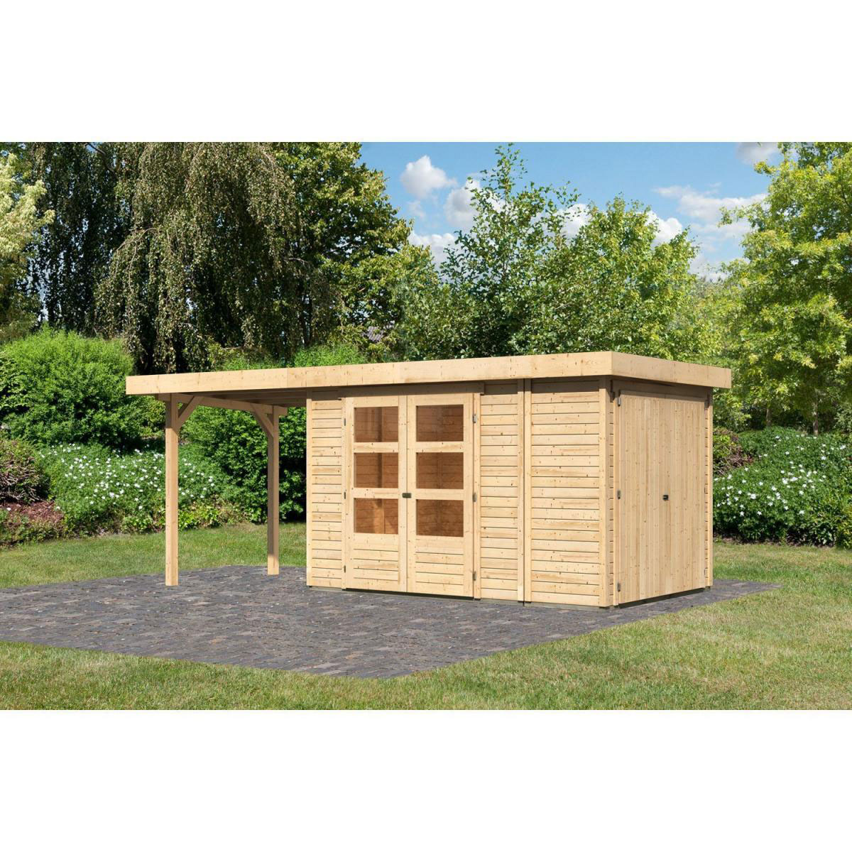 Karibu Gartenhaus Retola 3 inkl Anbauschrank und Anbaudach 2,40 Meter naturbelassen Bild 1