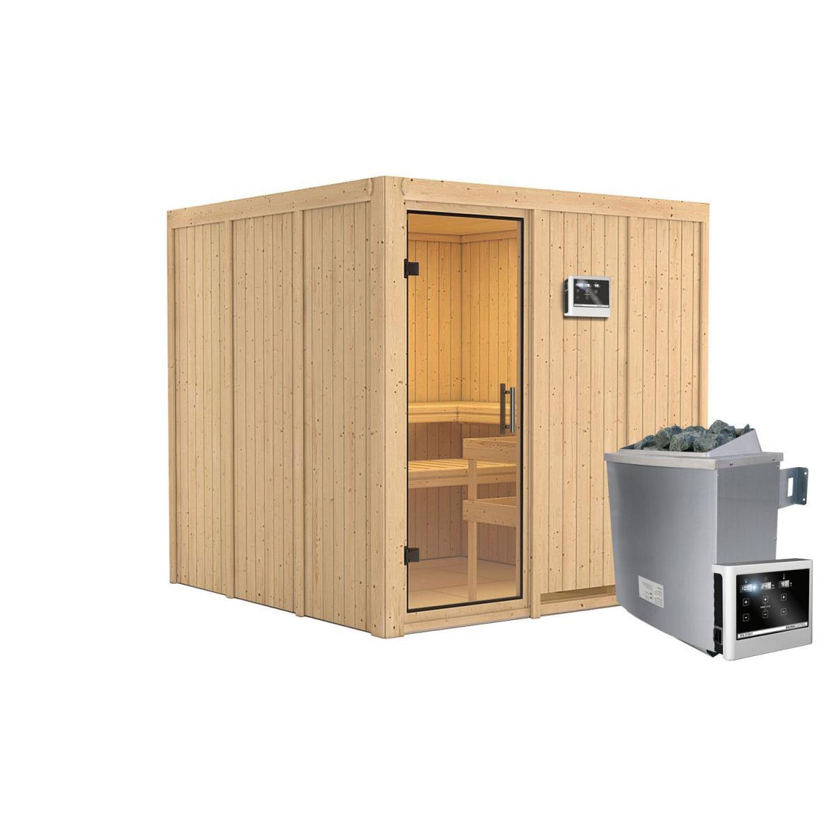 Karibu Sauna Rodin Fronteinstieg 9 kW Ofen externe Strg kein Kranz Klarglas-Tür Bild 1