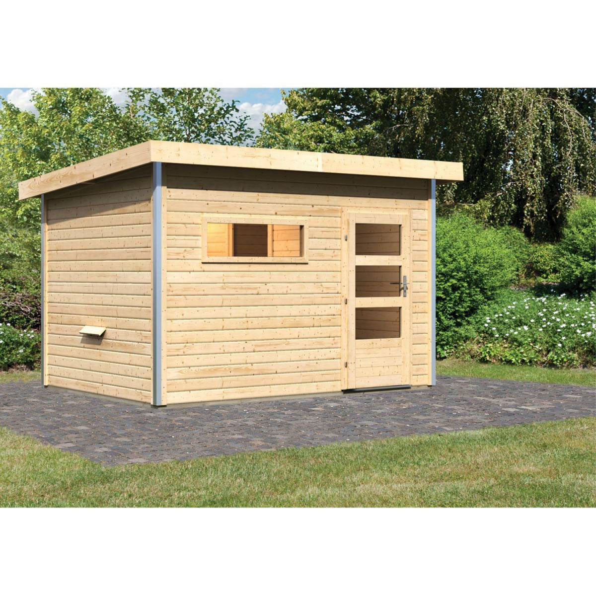 Karibu Saunahaus Skrollan 38 mm ohne Ofen Milchglastür Bild 4