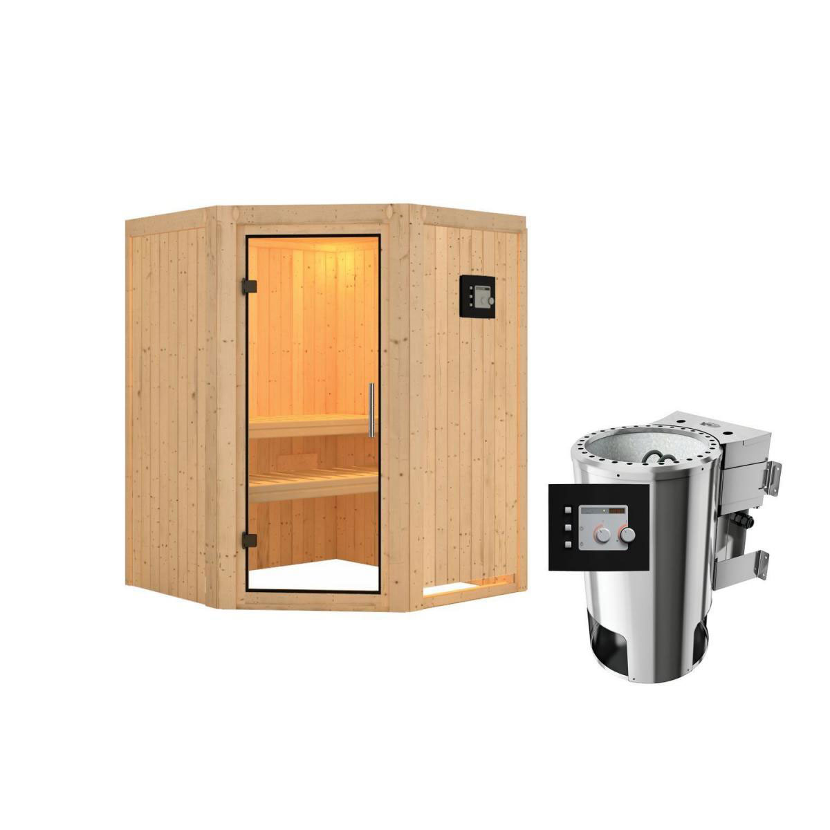 Karibu Sauna Nanja Eckeinstieg 3,6 kW Bio Ofen kein Kranz Klarglas-Tür Bild 1