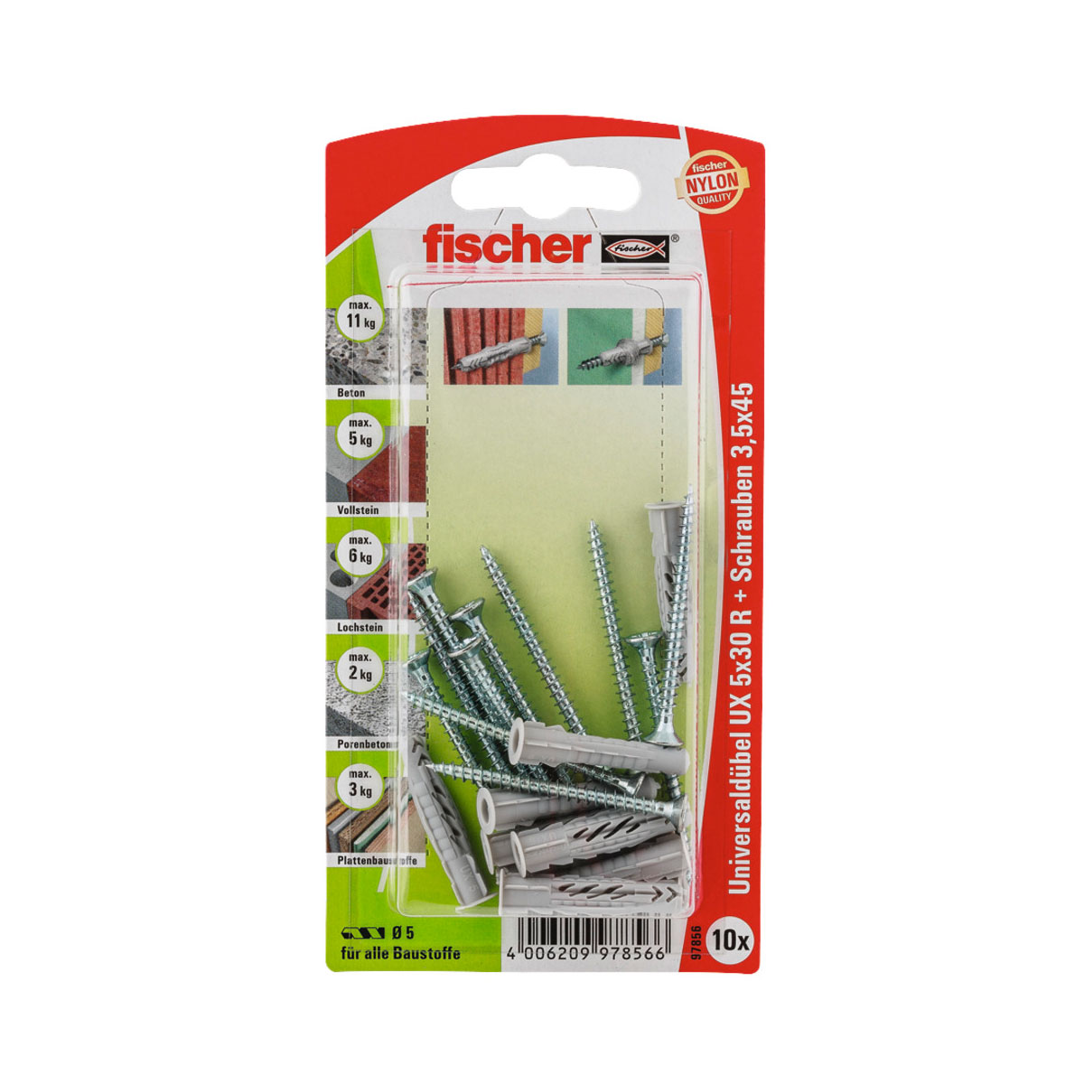 Fischer Universaldübel UX 5 x 30 mm mit Rand und Schraube 10 Stück