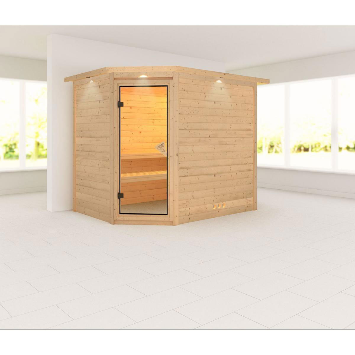Karibu Massivholzsauna Tanami 40 mm ohne Ofen mit Kranz Bild 1