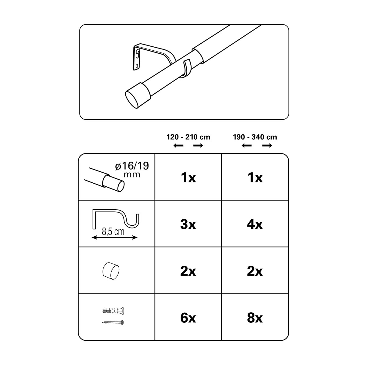 Gardinenstangen Set Kos Cap ausziehbar Durchmesser 16/19 mm 120-210 cm Edelstahl-Optik Bild 3